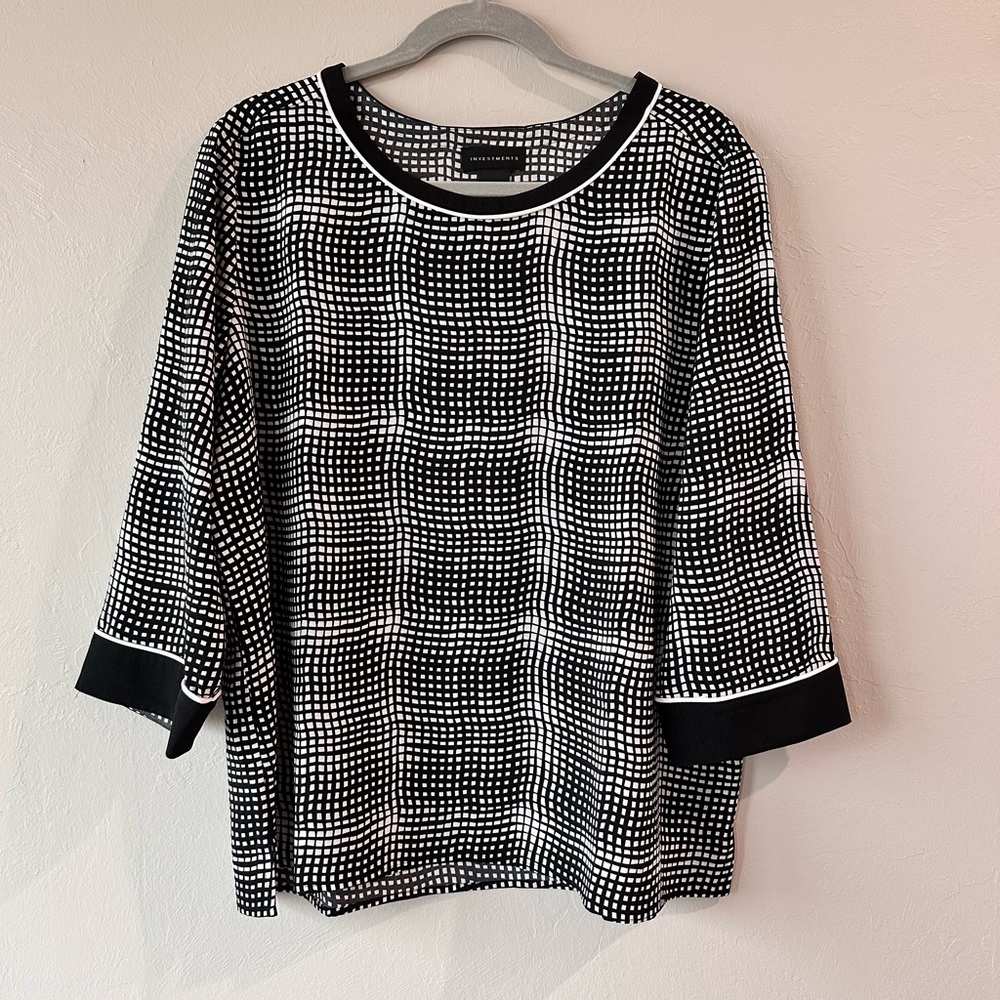 INVESTMENTS Black White Wavy Checked Distorted Prints 3/4 Sleeve Size XL